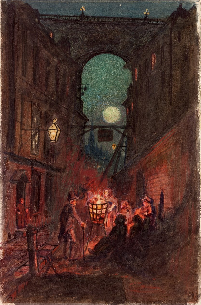 Street Scene, Newcastle upon Tyne (bodycolour på papir) af English School