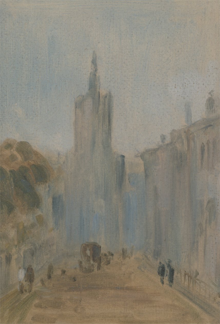 Gade med kirke og figurer, der tidligere var tilskrevet J.M.W. Turner (1775-1851) og også tilskrevet Peter de Wint (1784-1849), 1822-25 (olie på papir) af English School