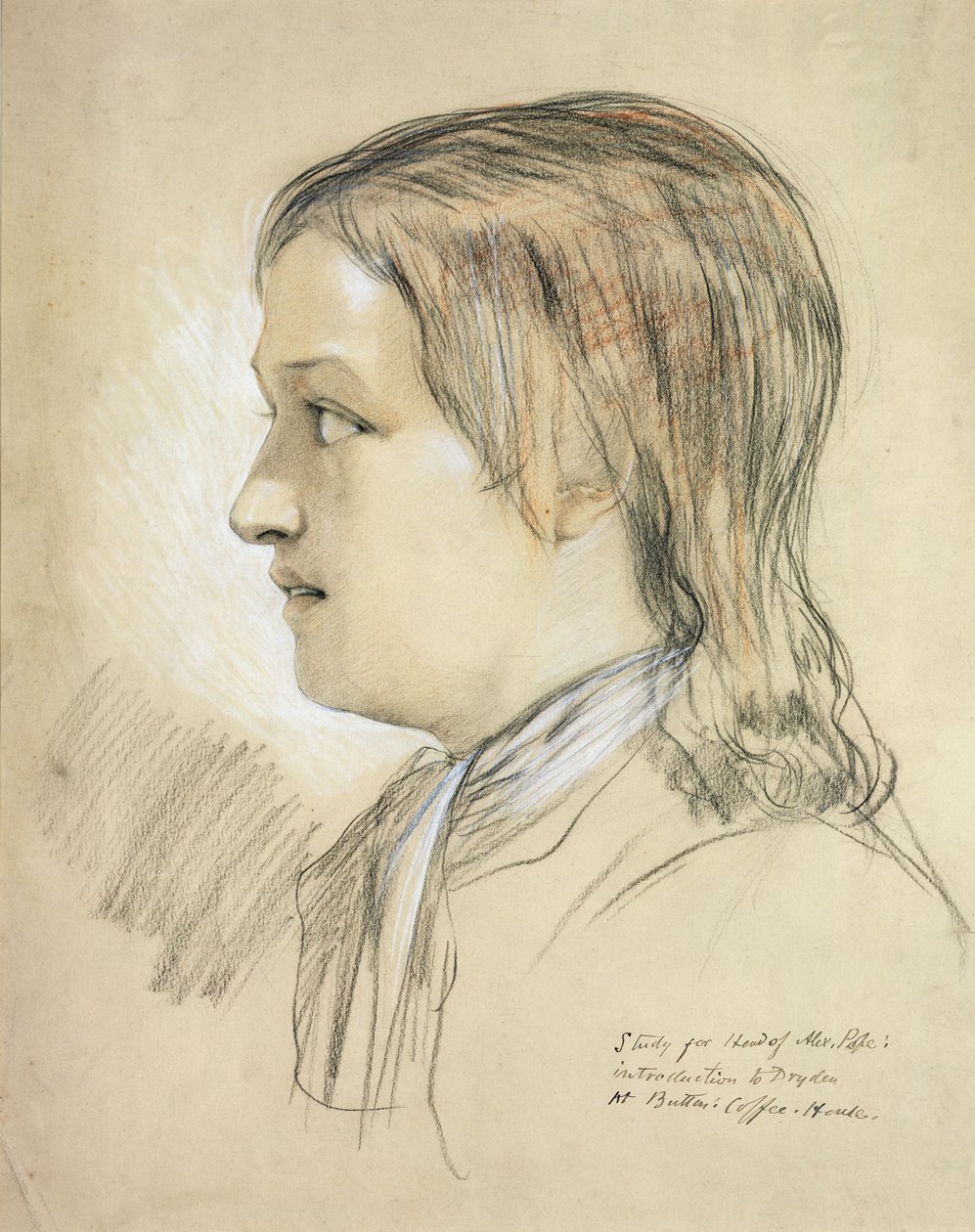 Studie for lederen af Alex Pope (1688-1744) introduktion til Dryden, At Butlers Coffee House (blyant, kridt og kul på papir) af English School