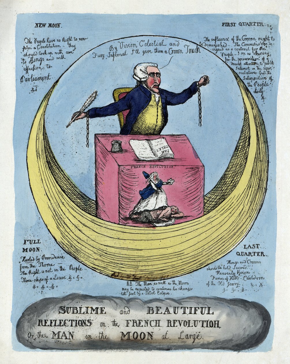 Sublime og smukke refleksioner over den franske revolution, eller manden i månen i det store, pub. 1790 (håndfarvet gravering) af English School