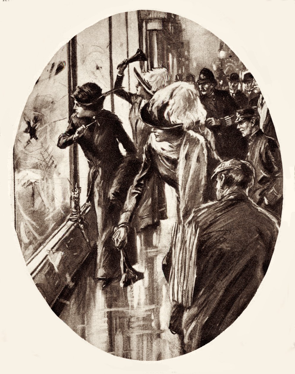 Suffragetter - tegning af kvinder, der smadrer butiksruder i London, marts 1912 (stik) af English School