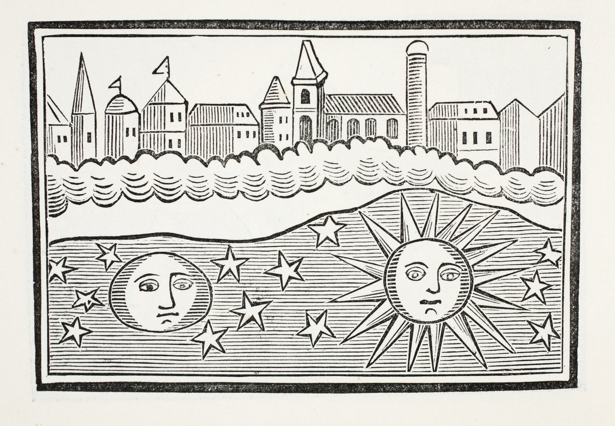 Sun, Moon, Stars and Earth Transponed, illustration fra Chap-books of the Eighteenth Century af John Ashton, pub. 1882 af English School