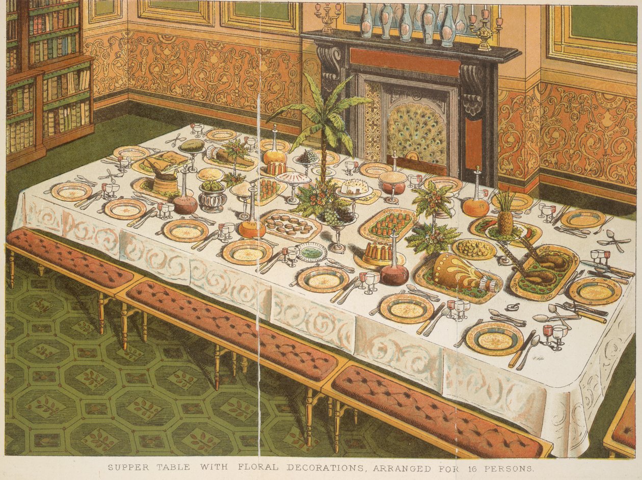Aftensbord med blomsterdekorationer, arrangeret til 16 personer, fra 