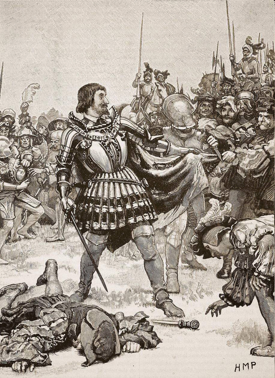 Overgivelse af Frans på slagmarken Pavia, illustration fra Cassells Illustrated History of England (sepia foto) af English School