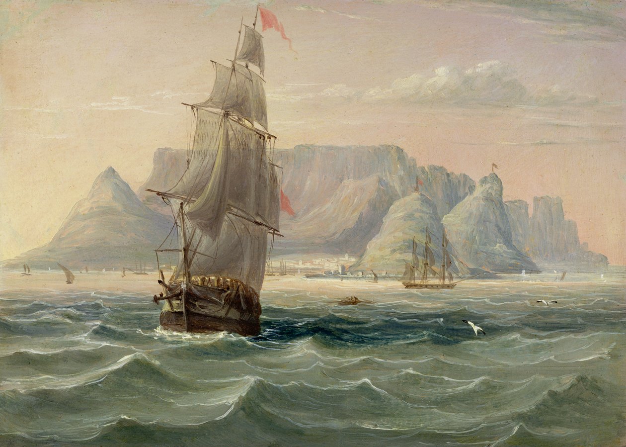 Taffelbjerget, Cape Town, fra havet, 1820 (olie på kort) af English School