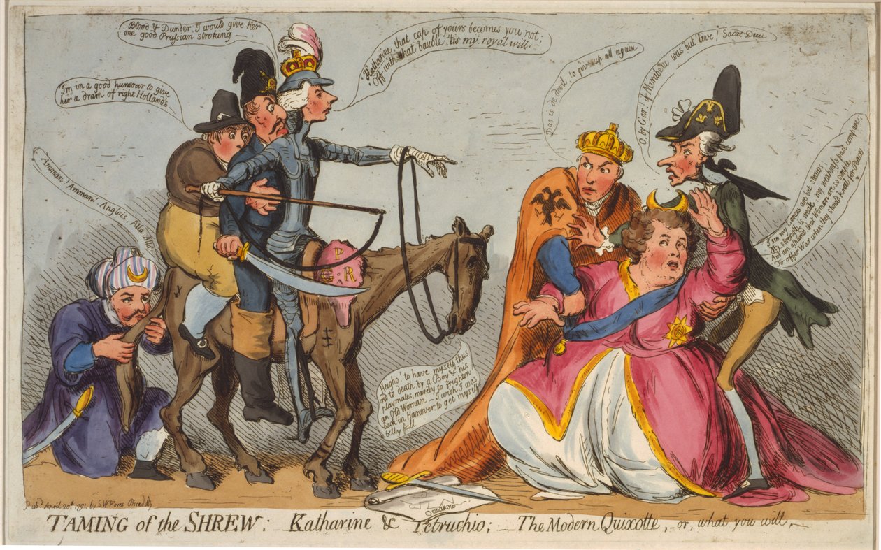 Tæmning af spidsmusen: Katharine og Petruchio; Den moderne Quixotte, eller hvad du vil, 1791 (håndfarvet radering) af English School