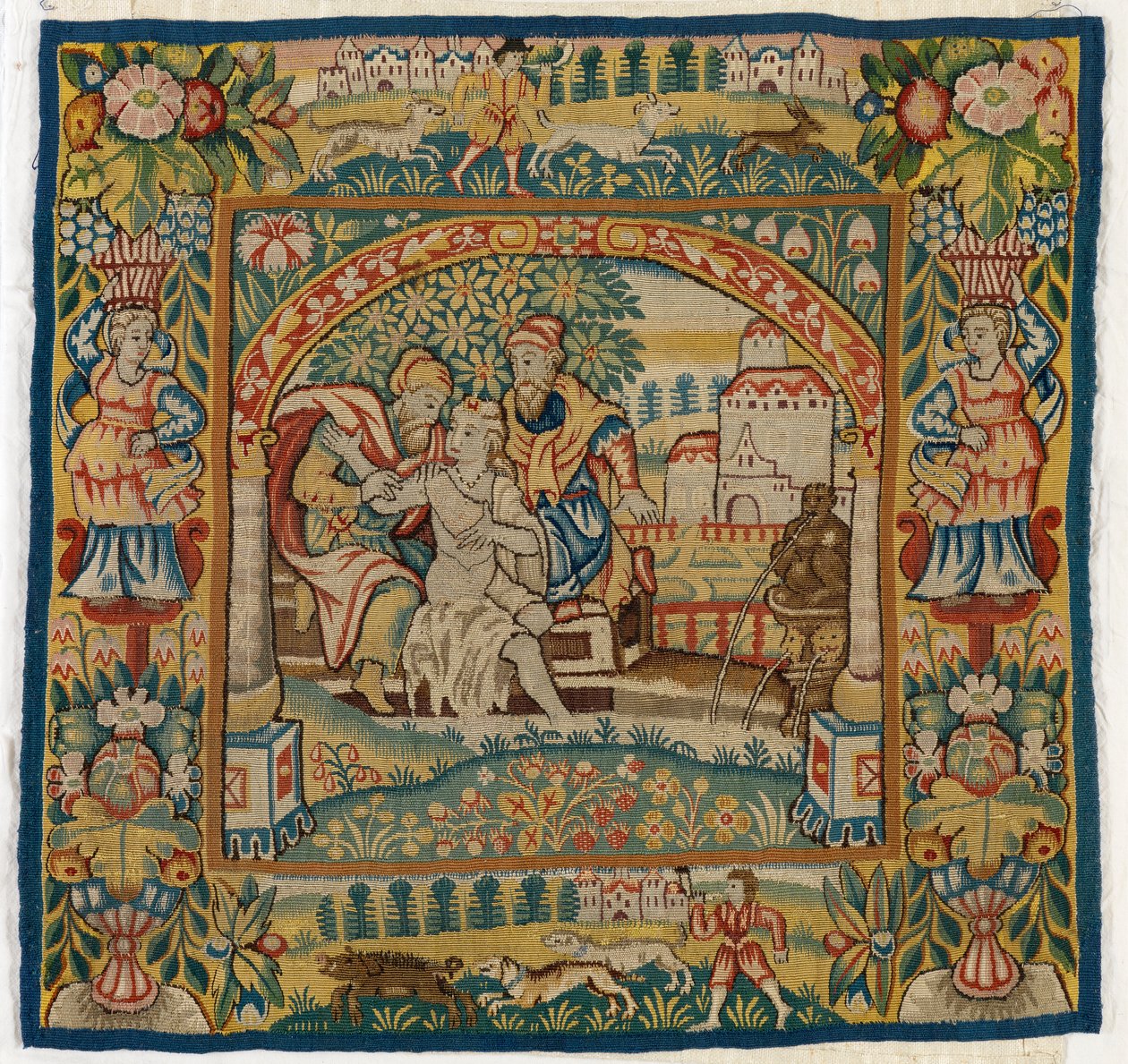 Pudebetræk af gobelin, der forestiller Susannah at the Bath (et af sæt med seks Sheldon-tæpper, 47.9 til 47.14), lavet i Sheldon, England, hvis det er ægte af English School