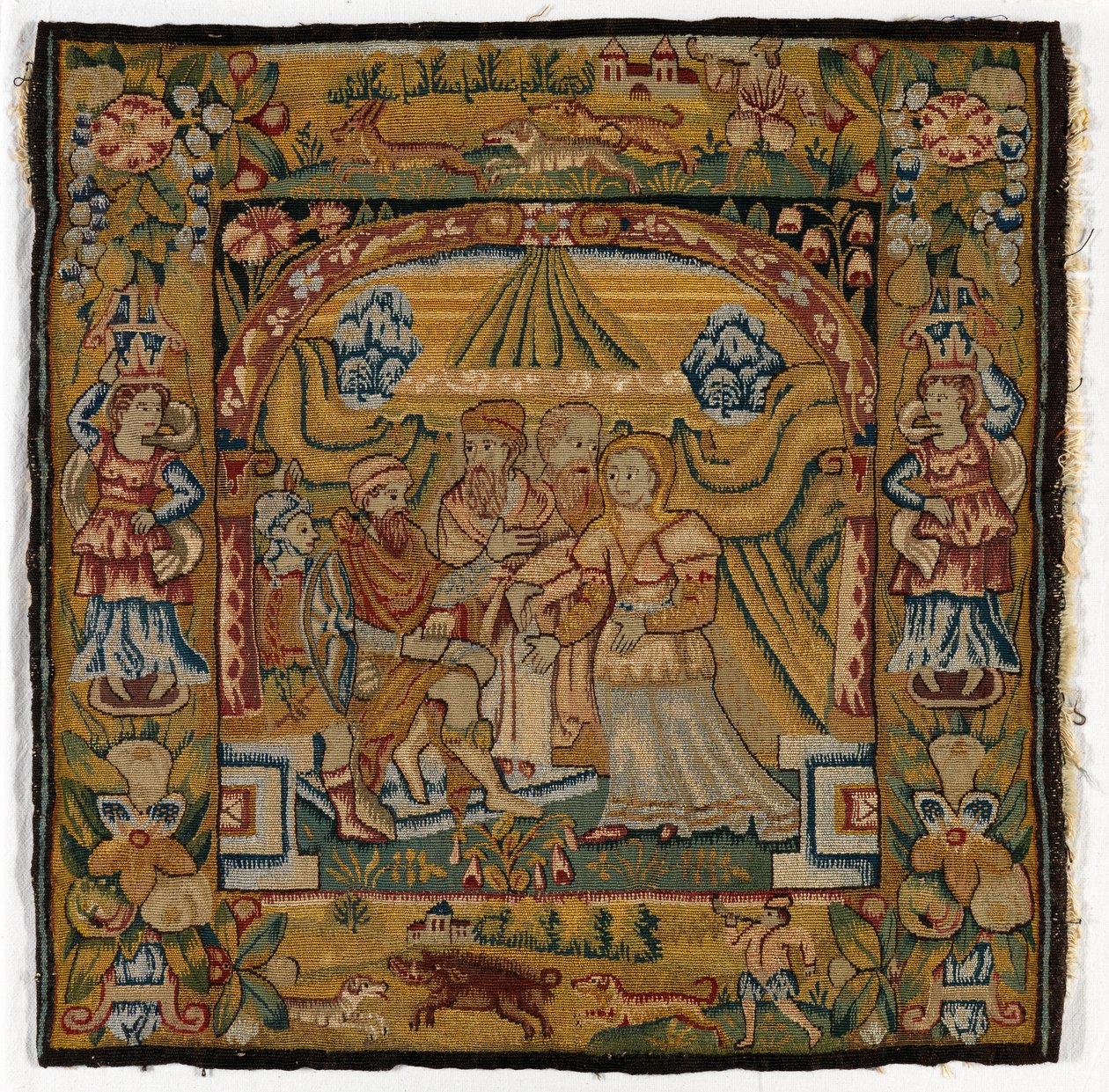 Pudebetræk af gobelin, der forestiller Susannah før dommeren, lavet i Sheldon, England, efter 1600 (uld) af English School