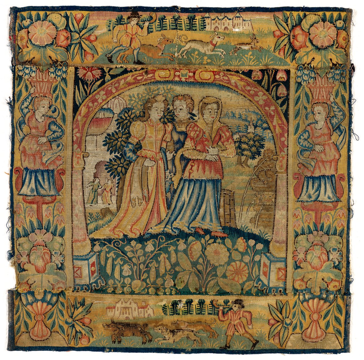 Tapestry pudebetræk forestillende Susannah på vej til badet, lavet i Sheldon, England, efter 1600 (uld) af English School