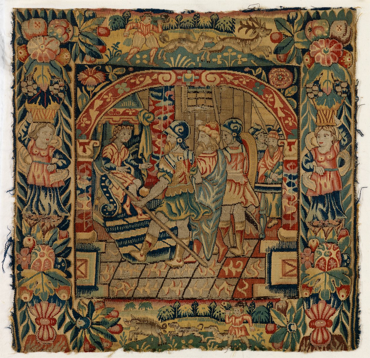Pudebetræk af gobelin, der forestiller The Elders before Daniel, lavet i Sheldon, England, efter 1600 (uld) af English School