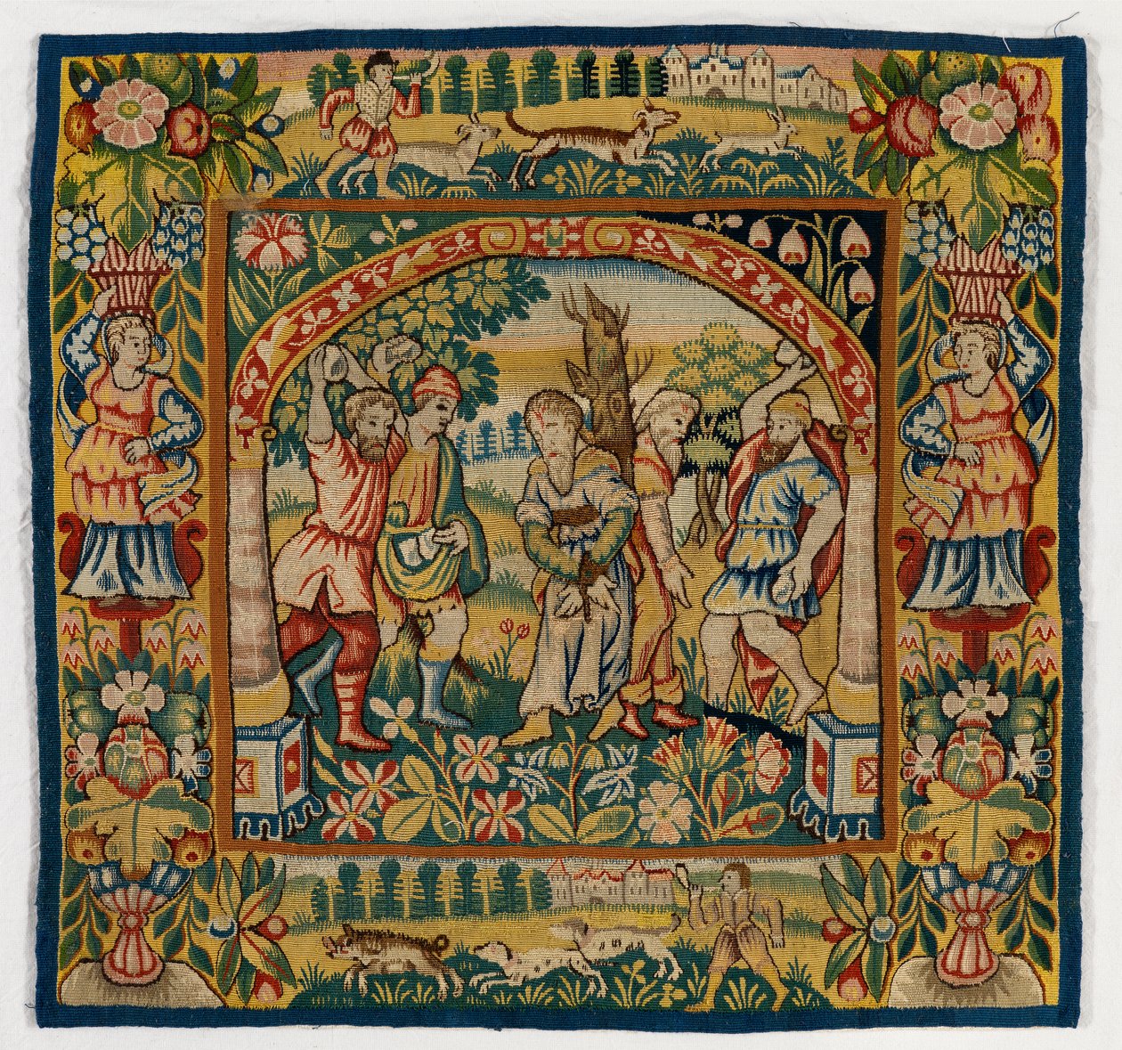 Tapestry tyynynpäällinen, joka kuvaa vanhinten kivitystä (yksi kuudesta Sheldon Tapestries -sarjasta, 47,9-47,14), valmistettu Sheldonissa Englannissa, jos se on aito af English School