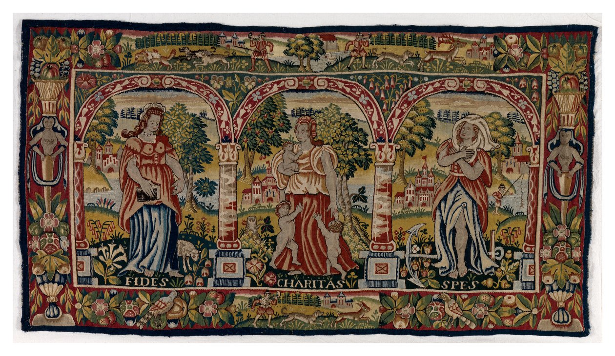 Tapestry lang pude forestillende Faith, Hope and Charity, lavet i Sheldon, England, slutningen af det 16. århundrede (uld) af English School