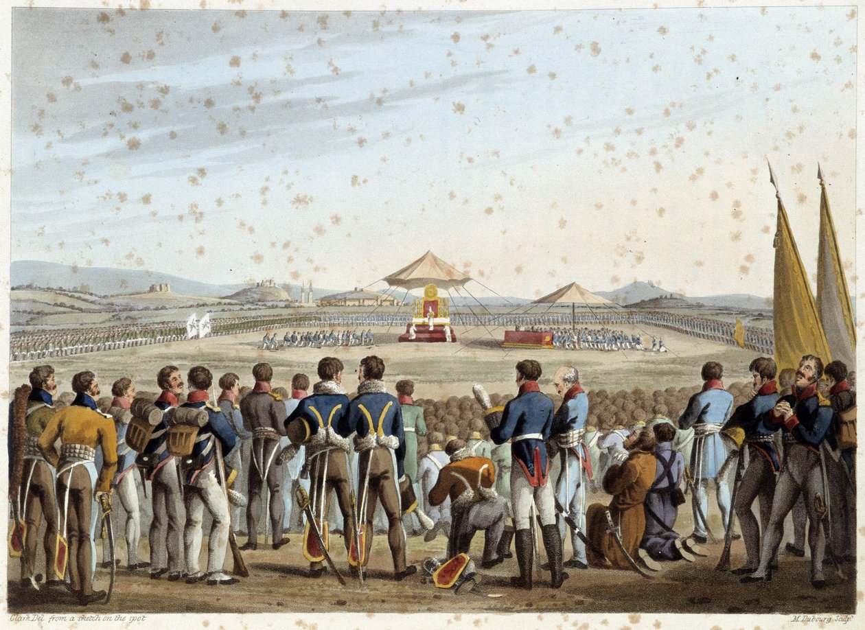 Te deum på slagmarken i "Historical, military and naval anecdotes and incidents that arrived at the arms of Britain and their allies, ending at Waterloo" af Edward Orme. Ill. af Fry, Sutherland, Clark, Dubourg, W.Heart, JA, Atkinson... Udg. 1819, L af English School