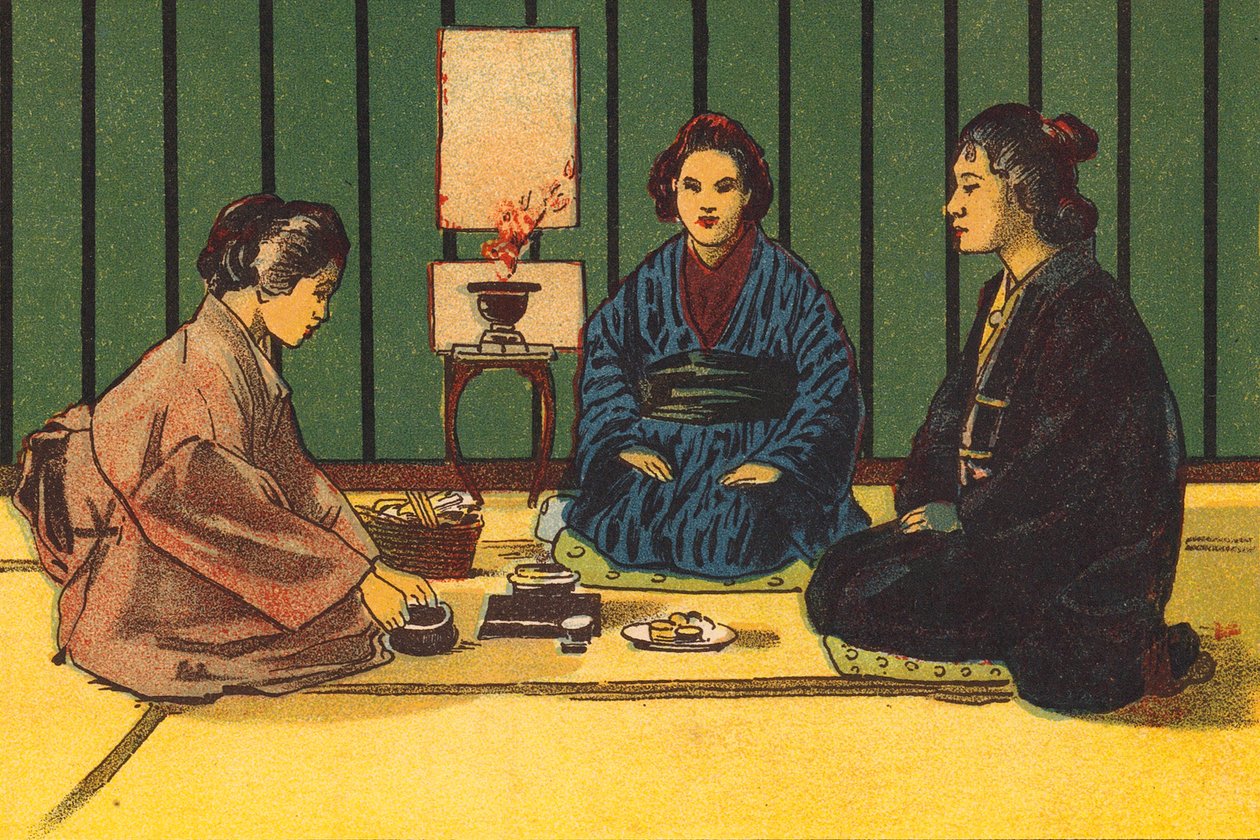 Te-drikke-ceremoni, Japan (farvelitografi) af English School