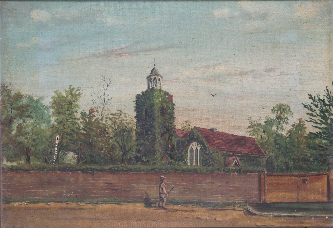 Teddington Church Middlesex, ca. 1900 (olie på lærred) af English School