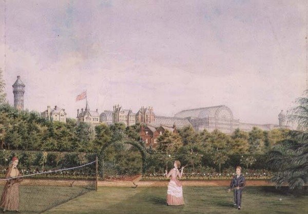 Tennis på Crystal Palace (akvarel forhøjet med hvid) af English School