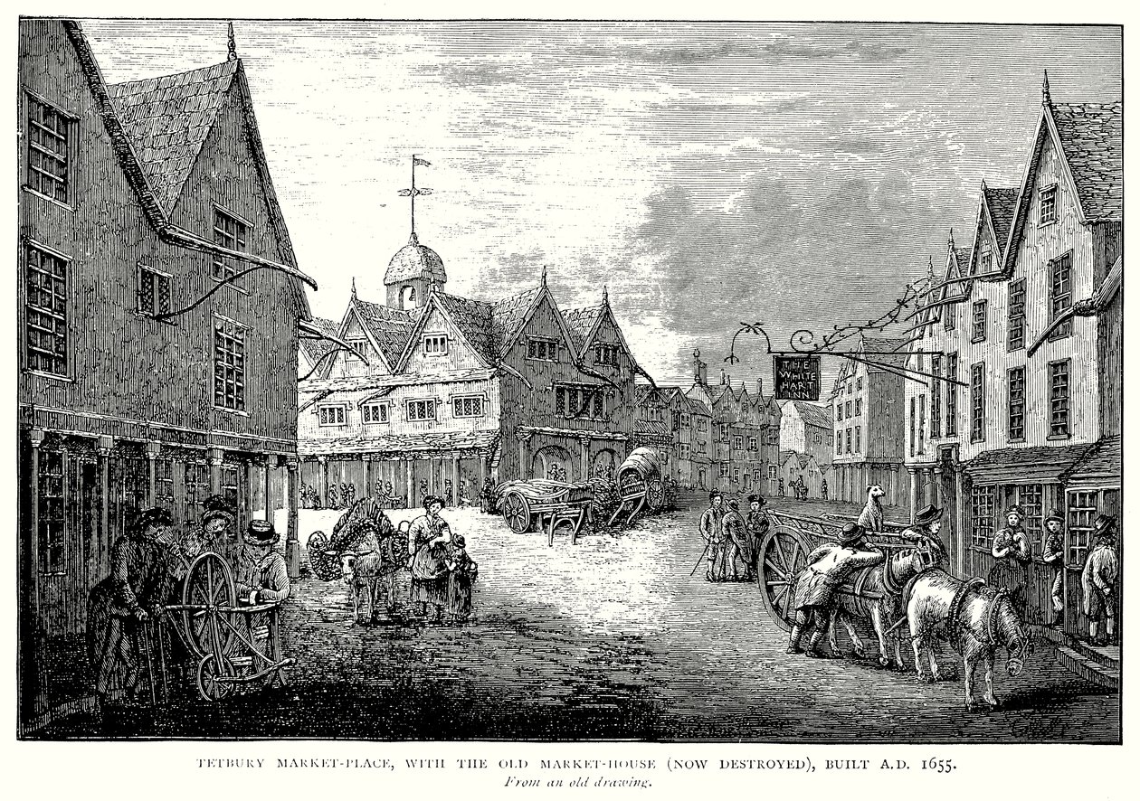 Tetbury Market-Place, med det gamle markedshus (nu ødelagt), bygget AD 1655 (stik) af English School