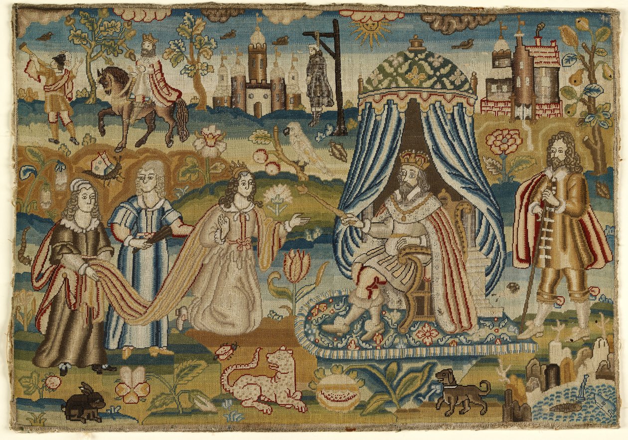 Tekstilpanel med Esther og Ahasverus, midten til slutningen af det 17. århundrede (sømme: telt) af English School