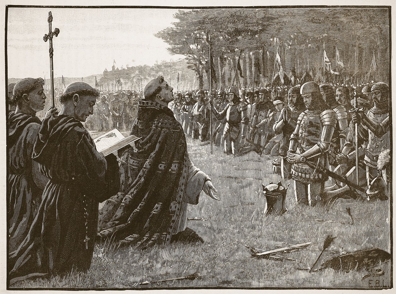 Thanksgiving af den engelske hær efter slaget ved Agincourt, 25. oktober 1415, illustration fra Cassells Illustrated History of England (sepia foto) af English School