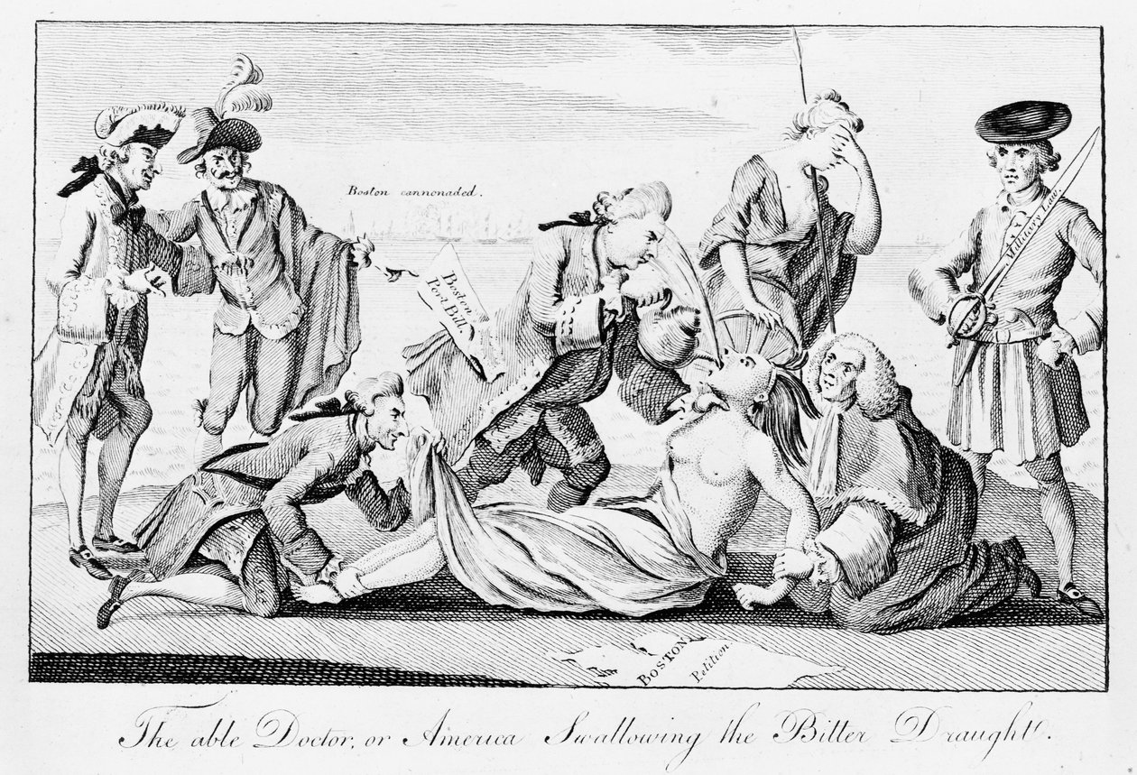The Able Doctor, or America Swallowing the Bitter Draught, offentliggjort i London Magazine, 1. maj 1774 (avispapir) af English School