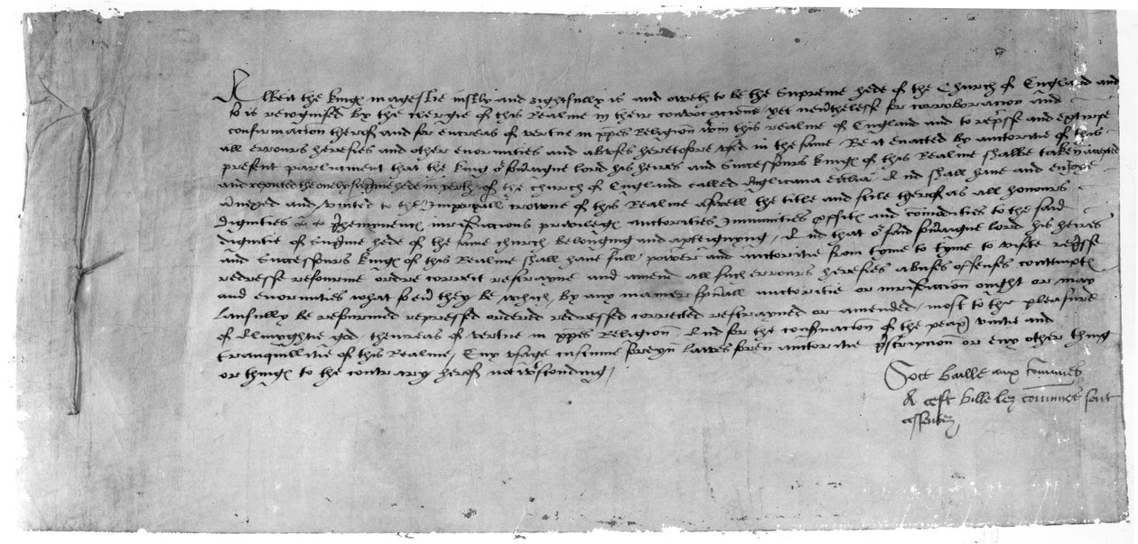 The Act of Supremacy, der anerkender Henry VIII som leder af Church of England, 1534 (blæk på papir) af English School