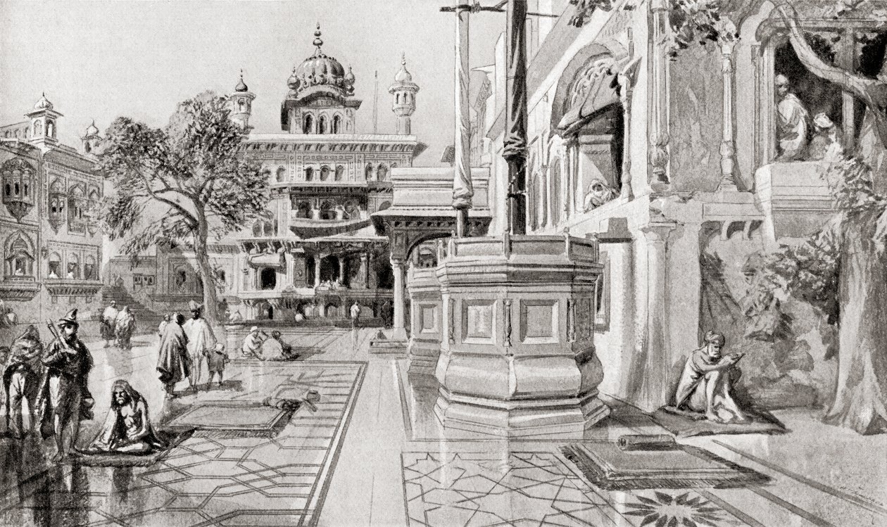 Akal Takht eller Akal Bunga, Harmandir Sahib (Det Gyldne Tempel), Amritsar, Punjab, Indien i 1864, fra Hutchinson