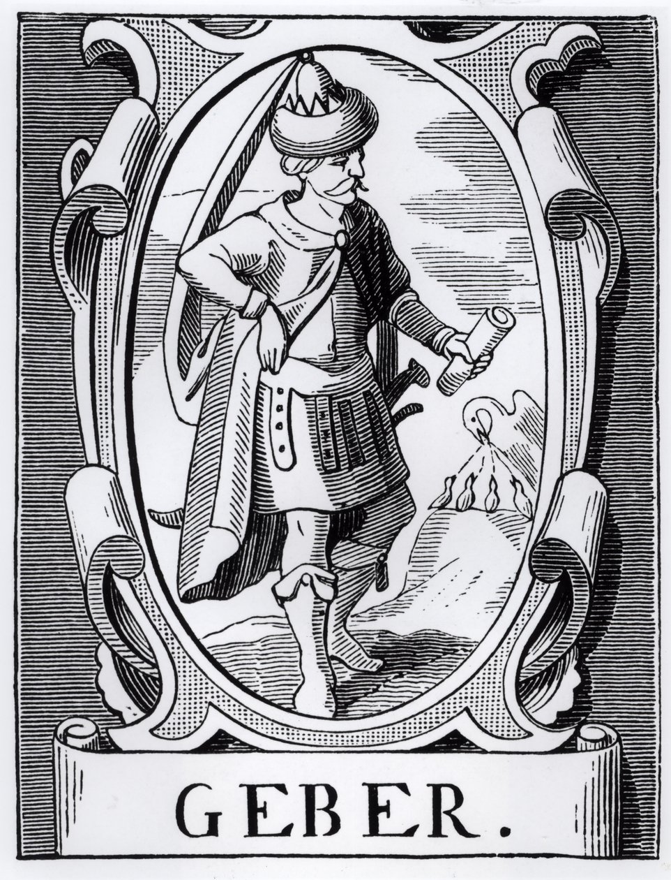 Alkymisten Geber (1300-tallet) illustration fra Videnskab og litteratur i middelalderen og renæssancen, skrevet og indgraveret af Paul Lacroix, 1878 af English School