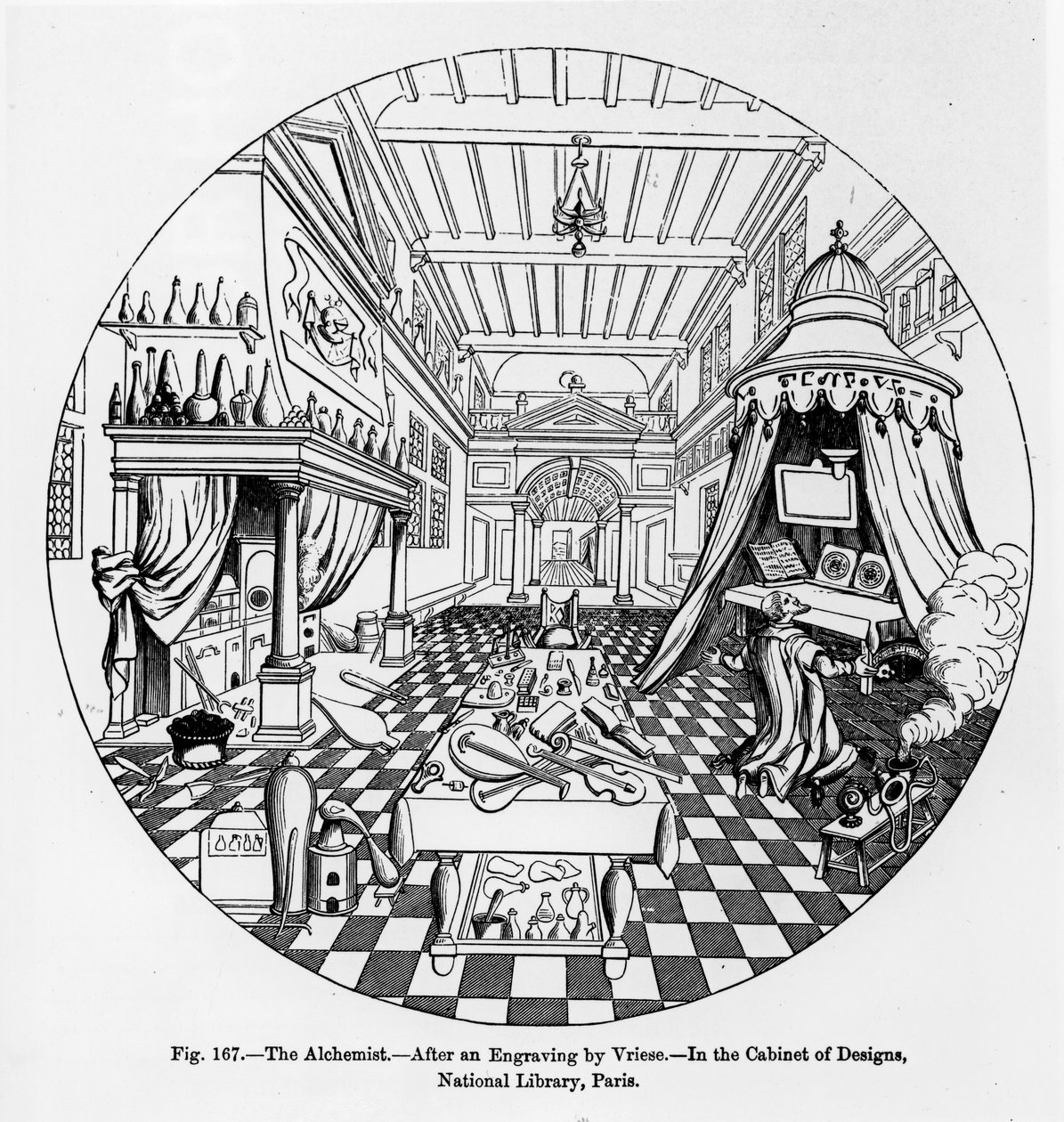 Alkymisten, efter en gravering af Vriese, illustration fra Videnskab og litteratur i middelalderen og renæssancen, skrevet og indgraveret af Paul Lacroix, 1878 af English School