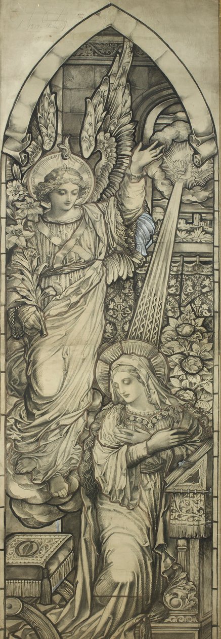 The Annunciation, Heaton, Butler & Baynes værksted, ca. 1900 (sort farveblyant & wc forhøjet med hvid) af English School