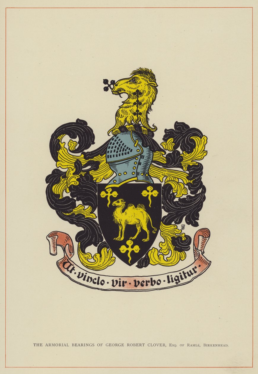 George Robert Clovers våbenskjold, Esquire fra Ramle, Birkenhead (farvelitografi) af English School