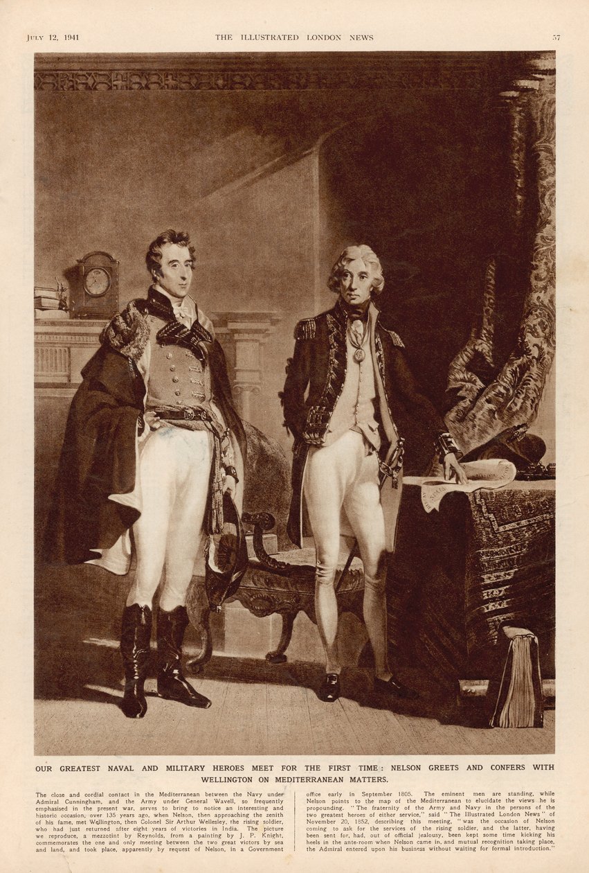 The Army and Navy: An Interview between Arthur Wellesley (1769-1852) Duke of Wellington and Lord Horatio Nelson (1758-1805) from The London Illustrated News, 12. juli 1941 af English School