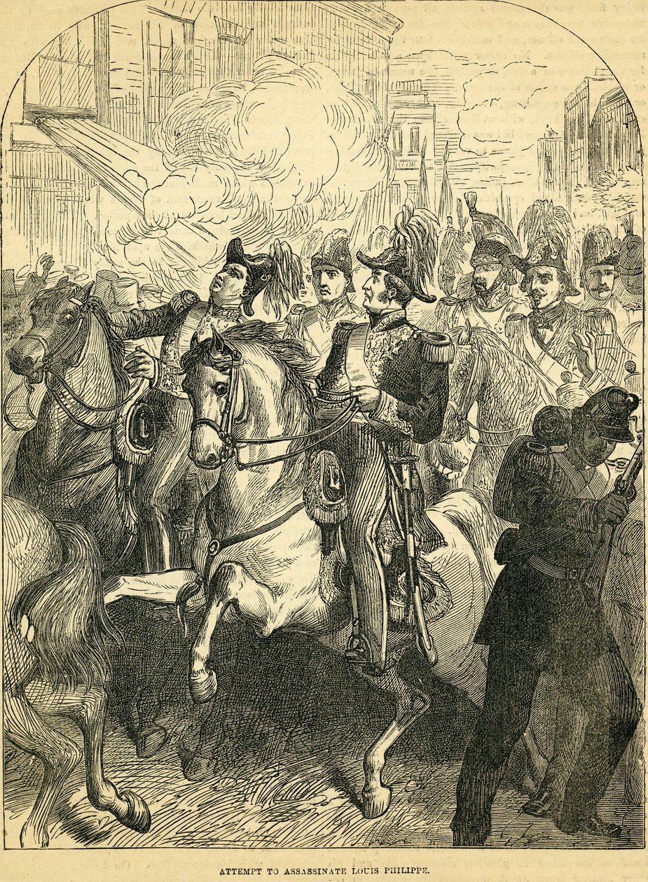 Forsøget på at myrde kong Louis Philippe af Frankrig, illustration taget fra Cassells Illustrated History of England, 18571858 af English School
