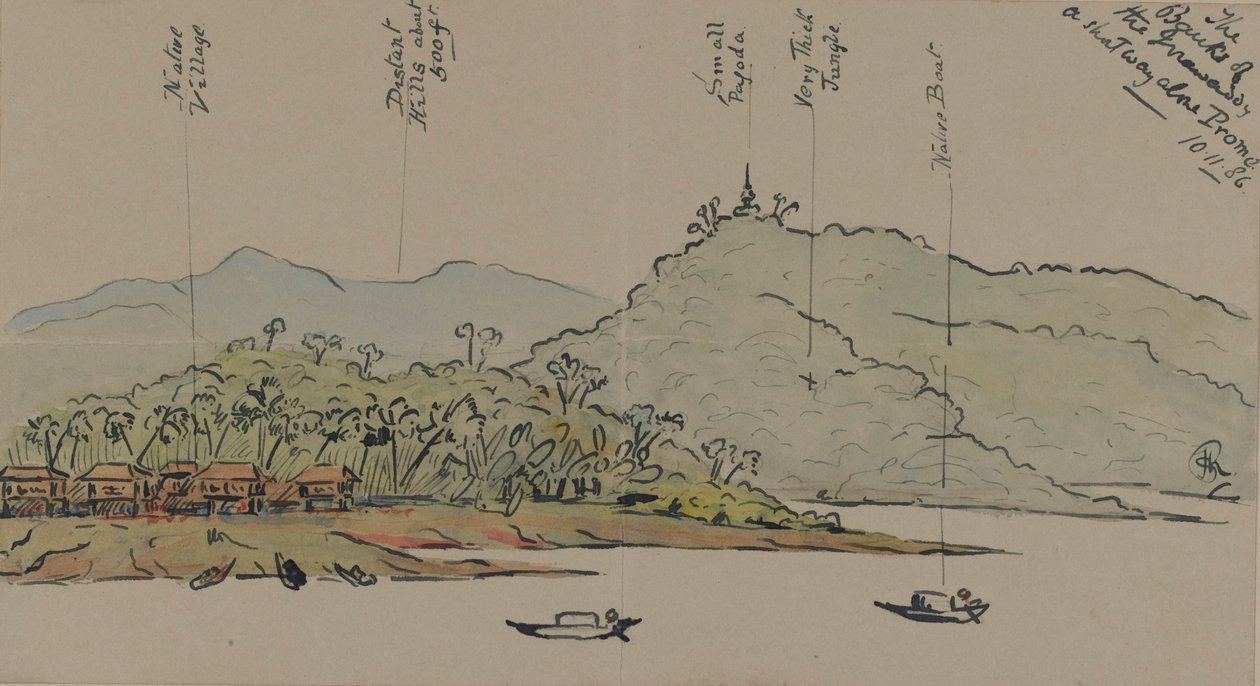 The Banks of the Irrawaddy, Burma, 1886 (wc med pen og blæk på papir) af English School
