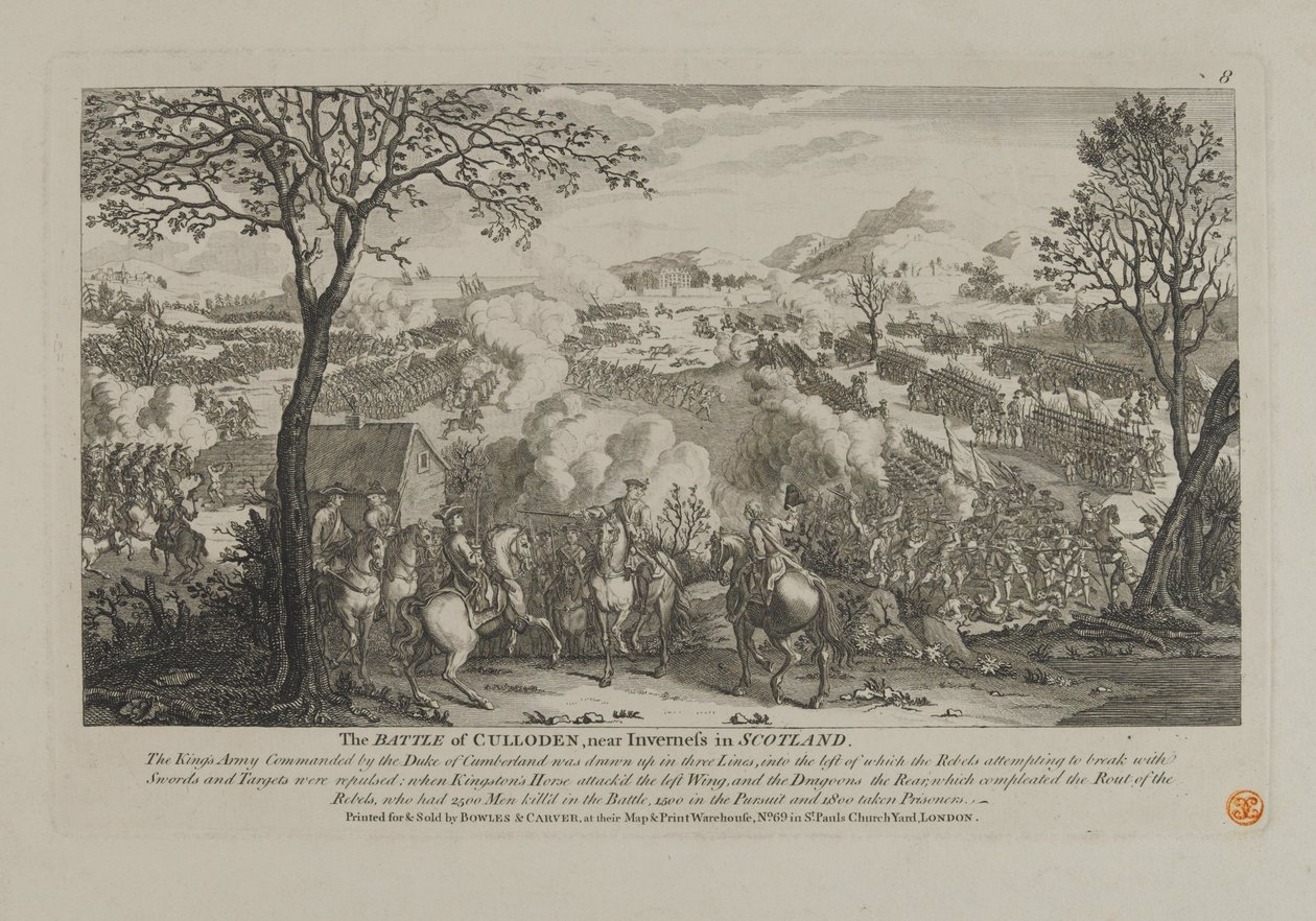 Slaget ved Culloden, nær Inverness i Skotland, udgivet af Bowles og Carver, 1746 af English School