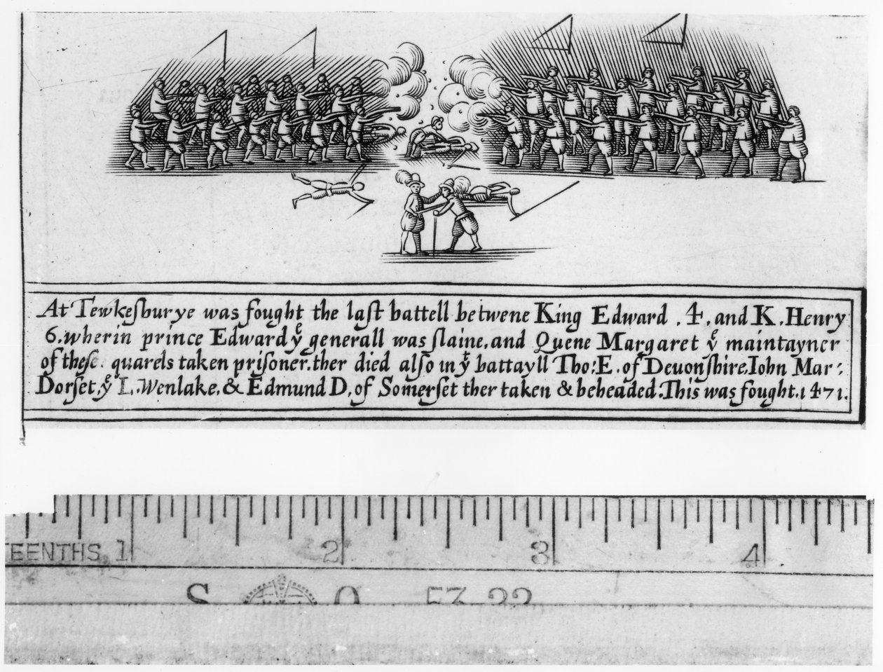 Slaget ved Tewkesbury udkæmpet mellem kong Edward IV (1442-83) og prins Edward (1453-71) i 1471 af English School