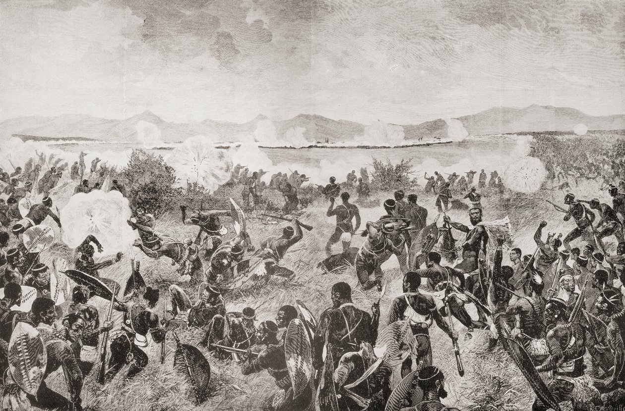 Slaget ved Ulundi i 1879, der viser det sidste sus fra zuluerne og den britiske plads i det fjerne, fra 