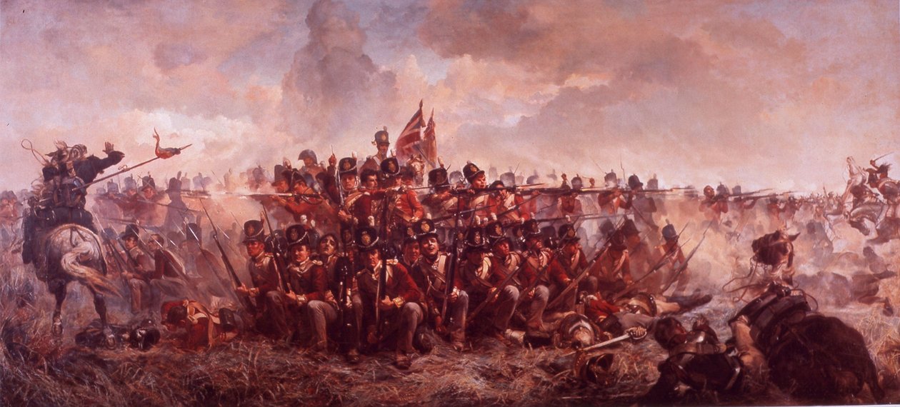 Slaget ved Waterloo (farve litho) af English School