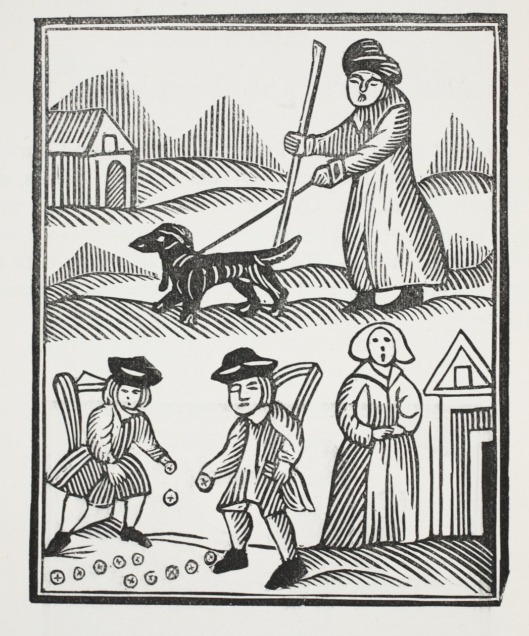 Tiggeren, der rejser med sin hund, bringer god rigdom hjem til prog, hvormed han overgår ridderen, og vier sit barn til hendes glæde, illustration fra kap-bøger fra det attende århundrede af English School