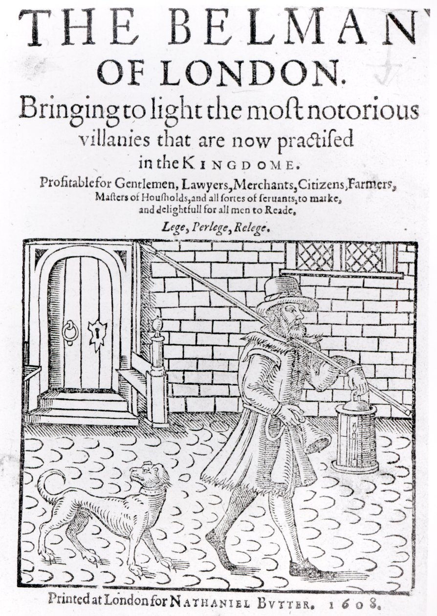 The Bellman of London, af Thomas Dekker (c.1570-c.1641) titelblad, trykt af Nathaniel Butter, 1608 af English School
