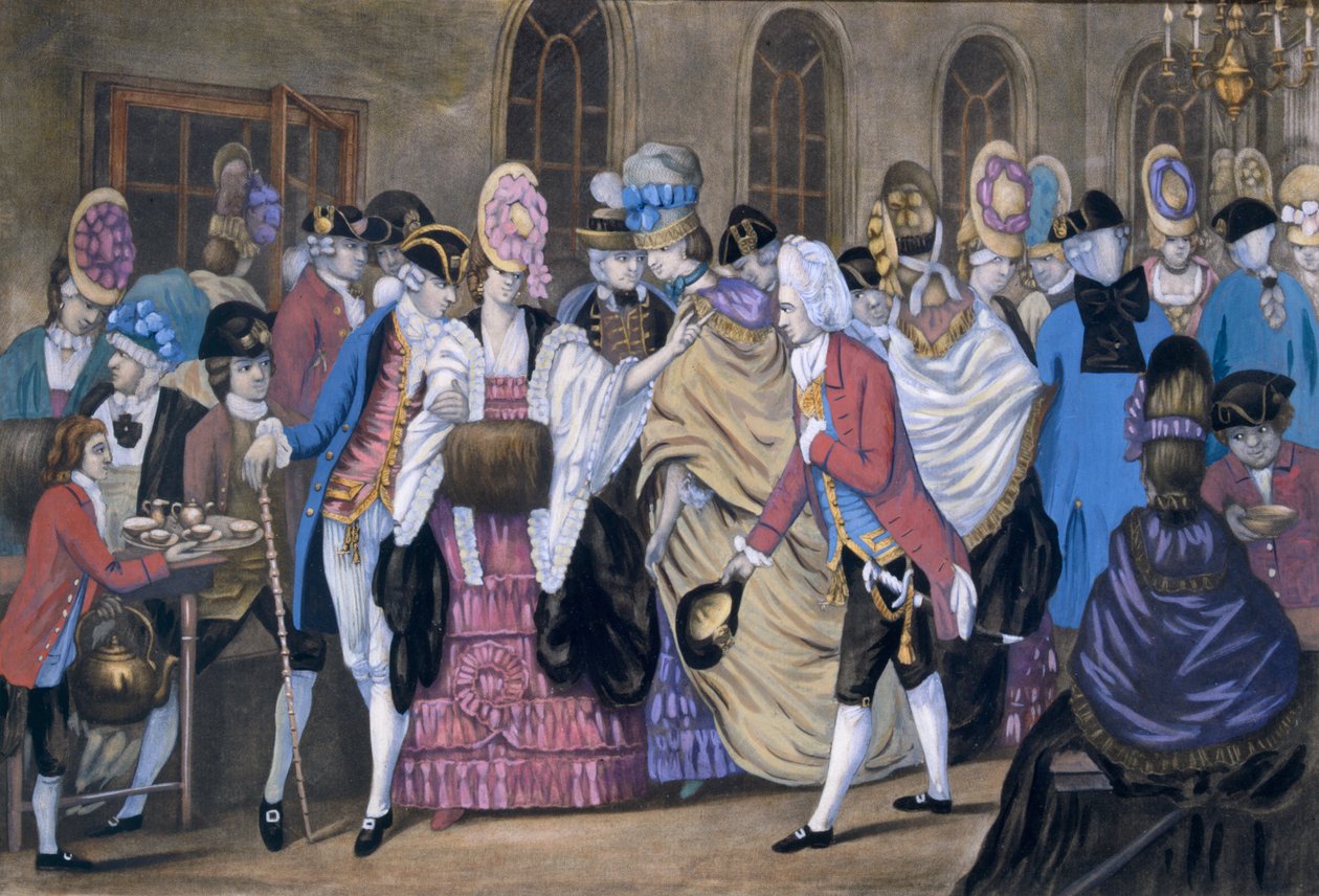 The Bread and Butter Manufactory, eller Humors of Bagnigge Wells, pub. Af Carington Bowles, 1772 99:Macaroni style; traditionelle kostume; traditionel kjole; mode; kedel; kopper; af English School