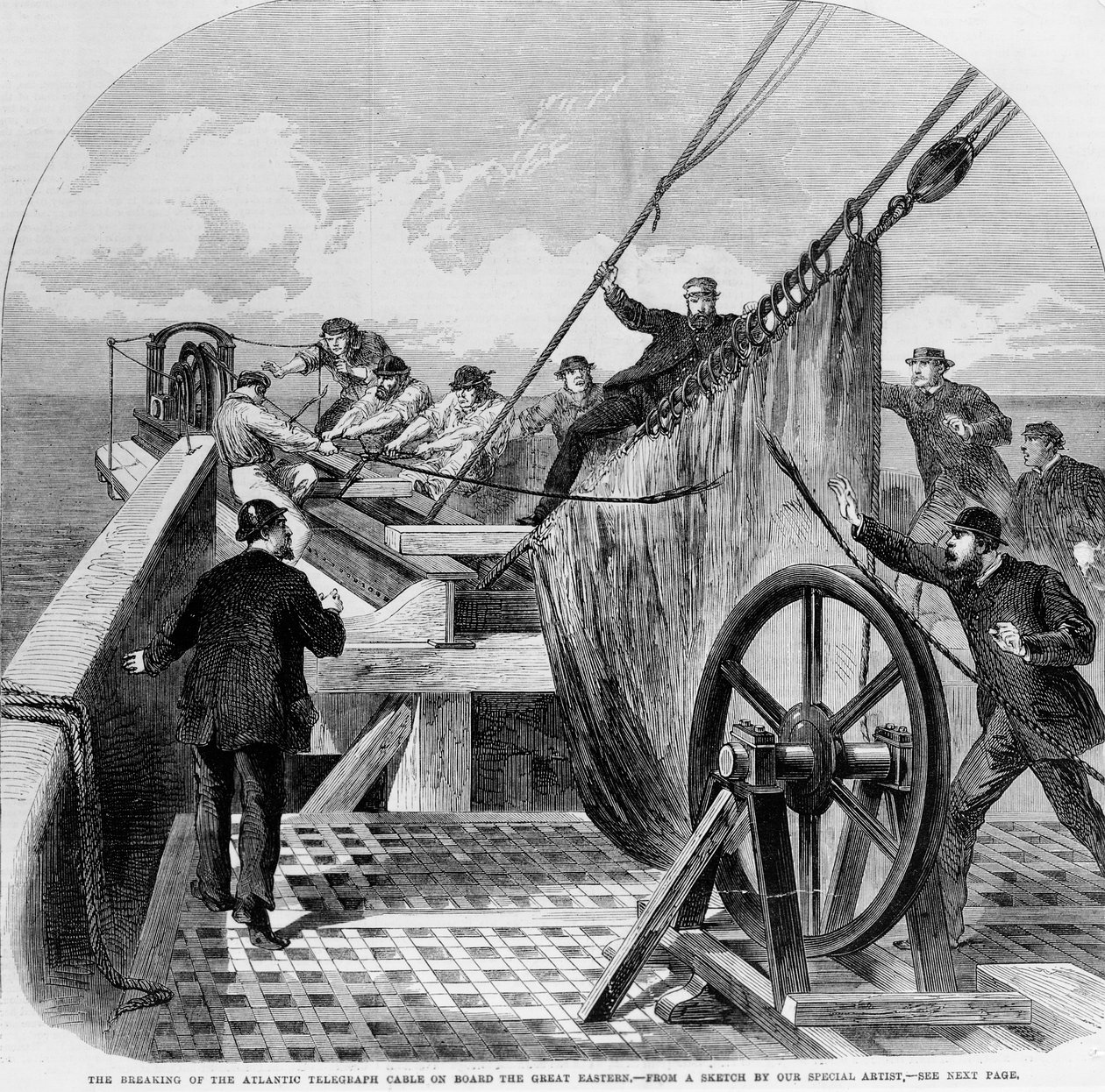 Bruddet af Atlantic Telegraph Cable ombord på Great Eastern, 1865 (gravering) af English School
