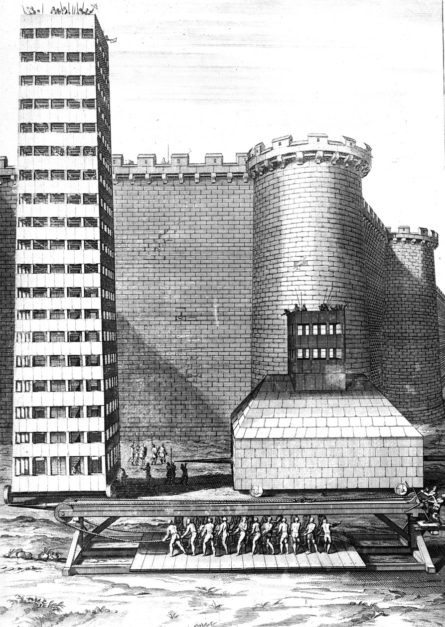 Murstenstårnet og Musculus ved belejringen af Marseille, graveret af Cornelis Huyberts, illustration fra Caesars Commentaries oversat til engelsk af William Duncan, udgivet 1753 af English School