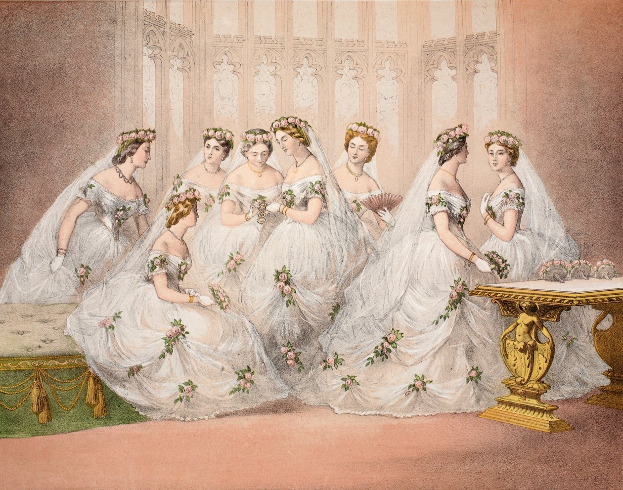 Brudepigerne, 10. marts, 1863, fra A Memorial of the Marriage of Edward VII and Alexandra of Denmark, pub. 1864 af English School