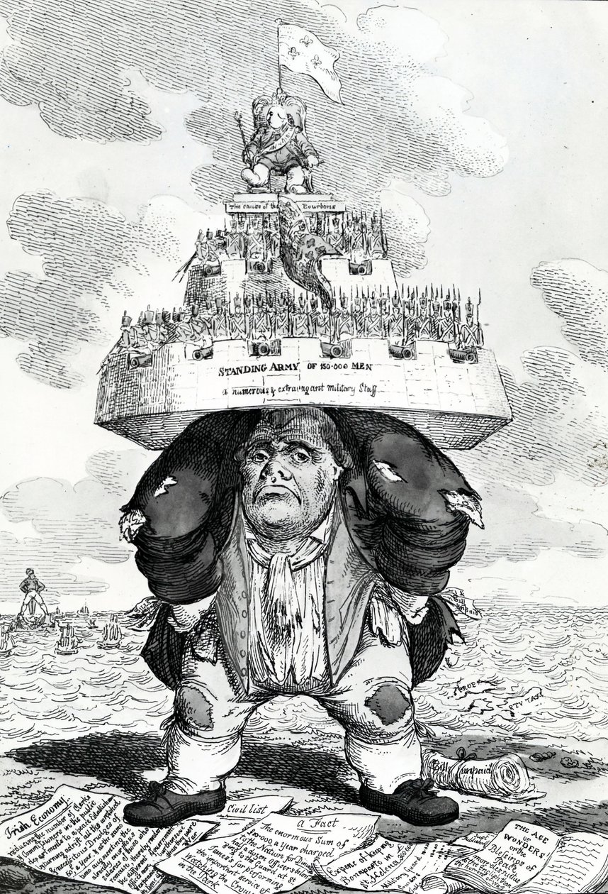 Det britiske Atlas, eller John Bull, der støtter fredsetableringen, tryk lavet af Charles Williams, 1816 af English School