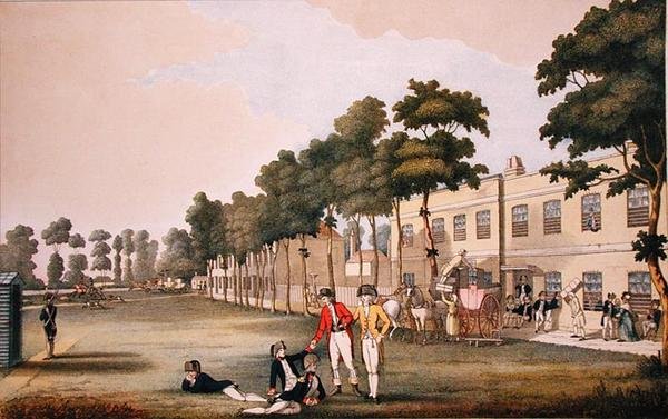 Kadetkasernen i Arsenalet, London (farve litho) af English School