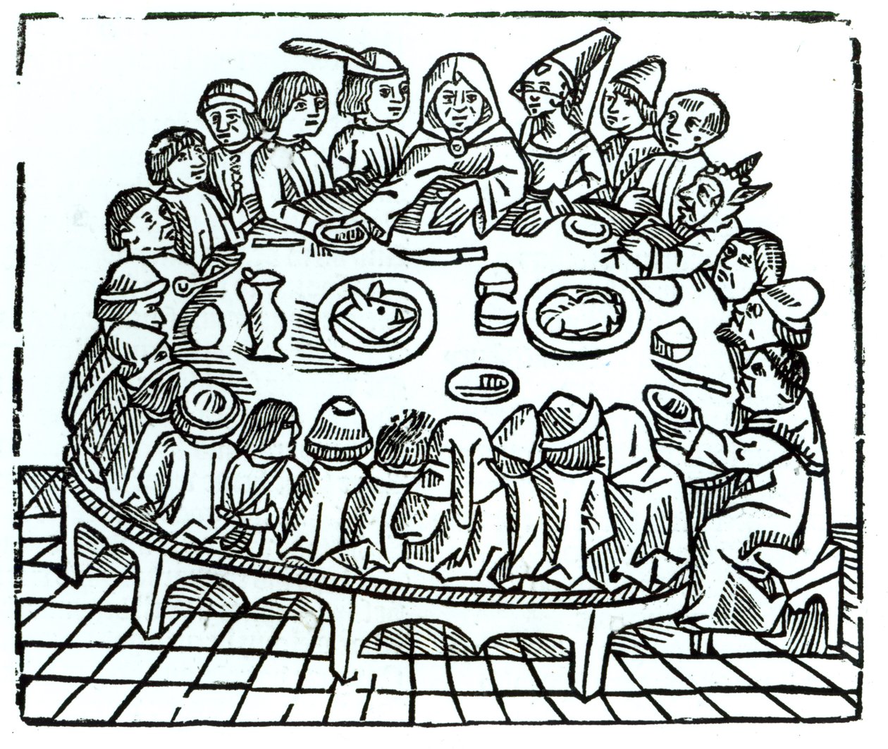 Canterbury-pilgrimmene sætter sig til et fælles måltid, illustration fra Geoffrey Chaucers (c.1345-1400) 