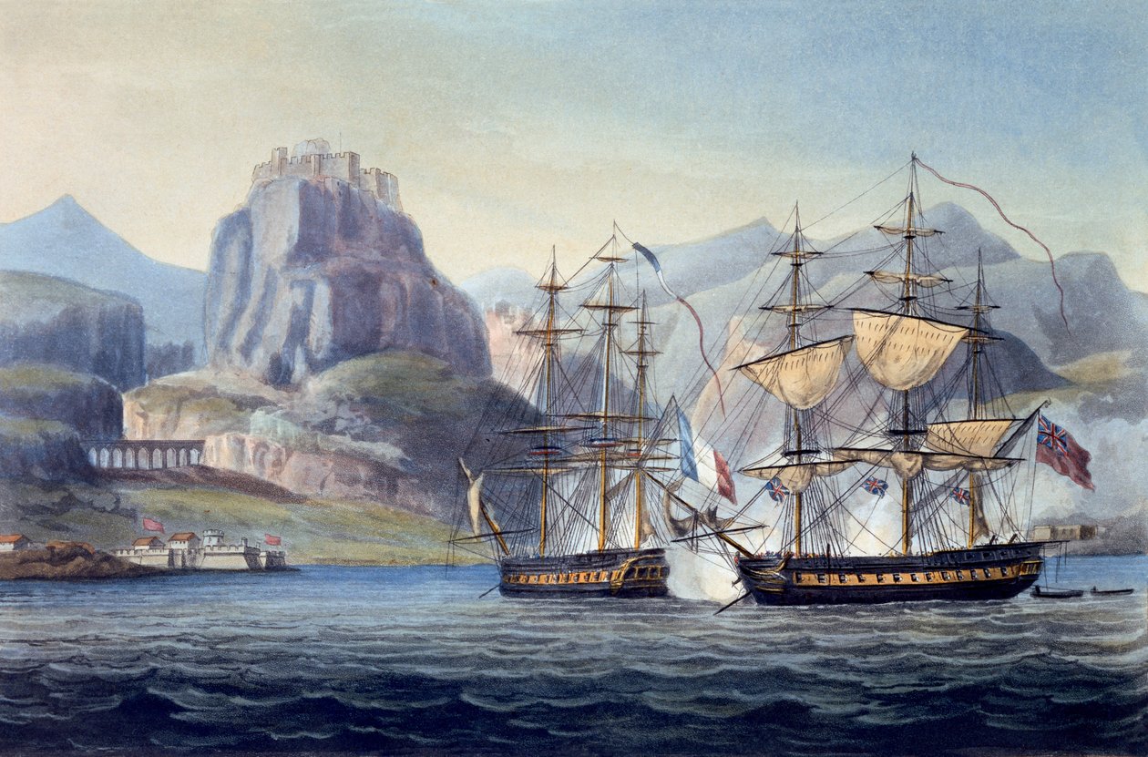 The Capture of the Var af HMS Belle Poule ud for Korfu, 1809, fra The Naval Chronology of Great Britain, af J. Ralfe af English School