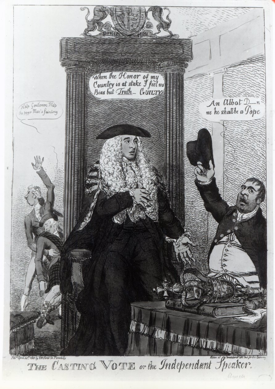 The Casting Vote, eller den uafhængige højttaler, satirisk tegneserie, der viser premierministeren, Henry Addington, 1805 (tryk) af English School