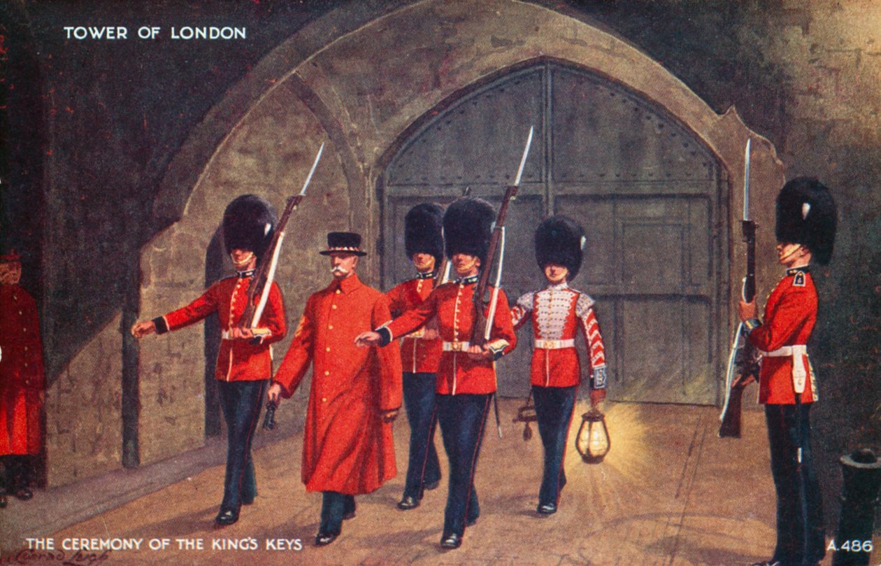 Ceremonien for kongens nøgler, Tower of London (farvelitografi) af English School