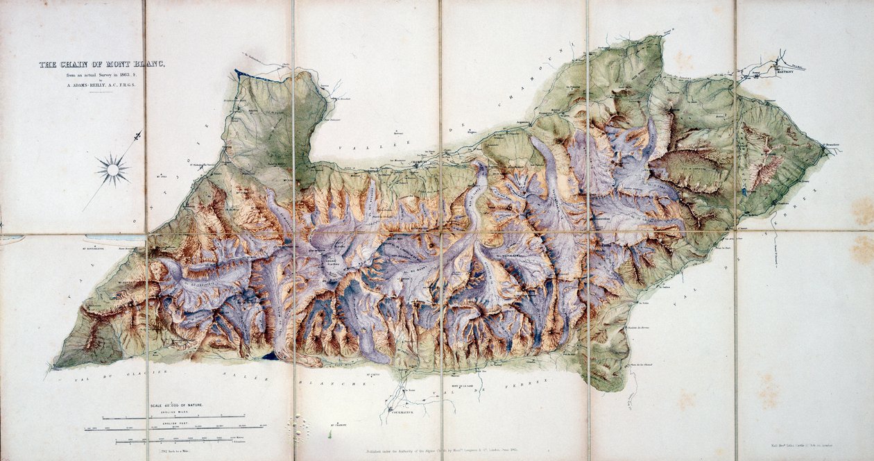 The Chain of Mont Blanc, fra en egentlig undersøgelse i 1863 af A. Adams Reilly, offentliggjort i A Record of Mountain Adventure and Scientific Observation for Alpine Club, 1865 af English School